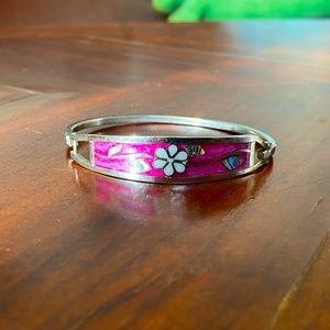 Vintage Taxco Mexican Silver Hinged Bracelet inlaid Mother of Pearl